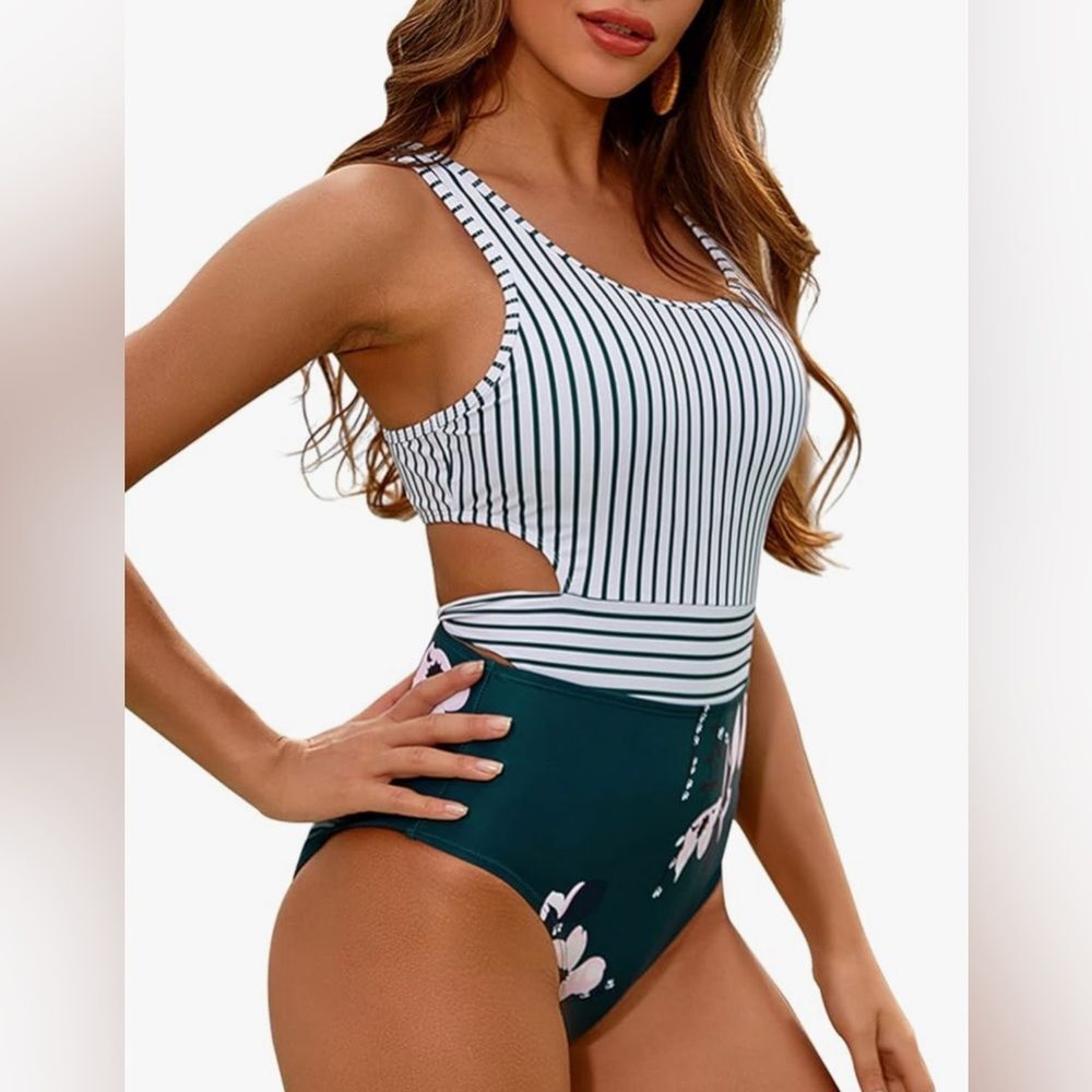 MOLYBELL One Piece Swimsuit High Waisted Floral Cutout Racerback Green M NWT